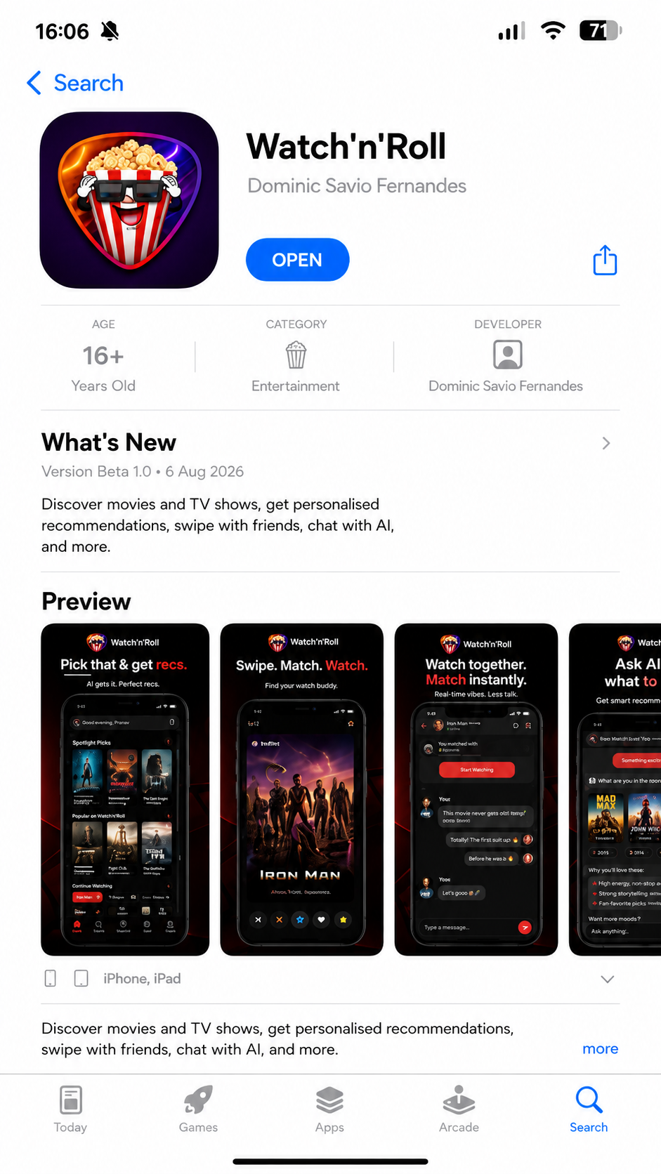 Watch'n'Roll App Store listing